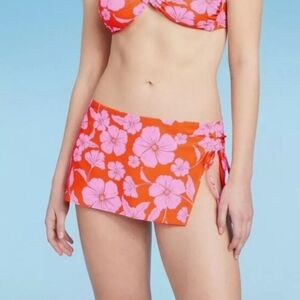 Wild Fable Women's Floral Orange 3 Piece Bandeau Bikini Set with Skirt Size XS